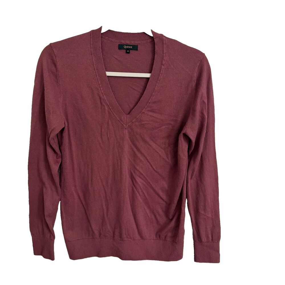 Quince Sweater Medium Berry Purple Organic Cotton Cashmere V-Neck Lightweight